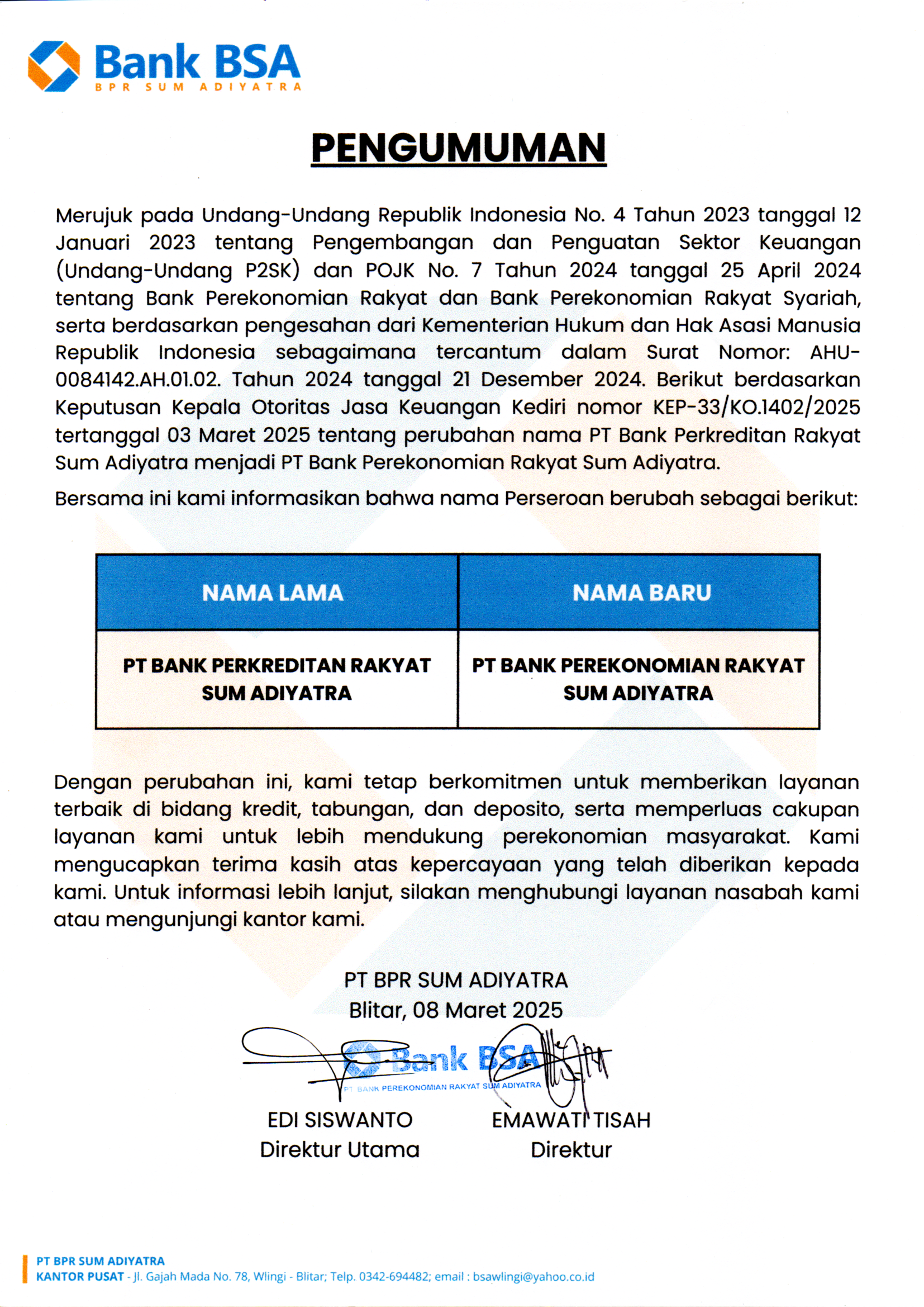Pengumuman Bank BSA