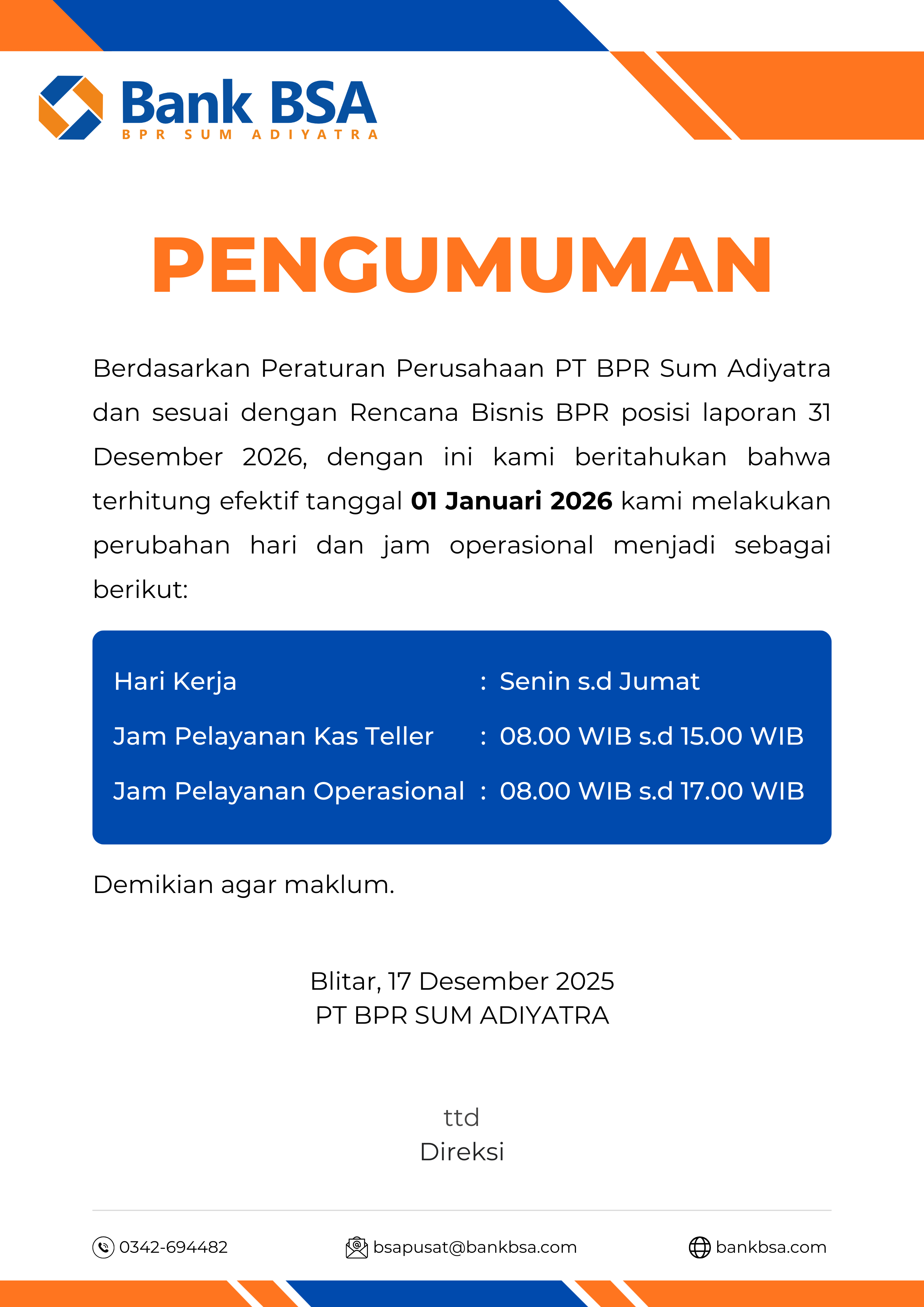 Pengumuman Bank BSA